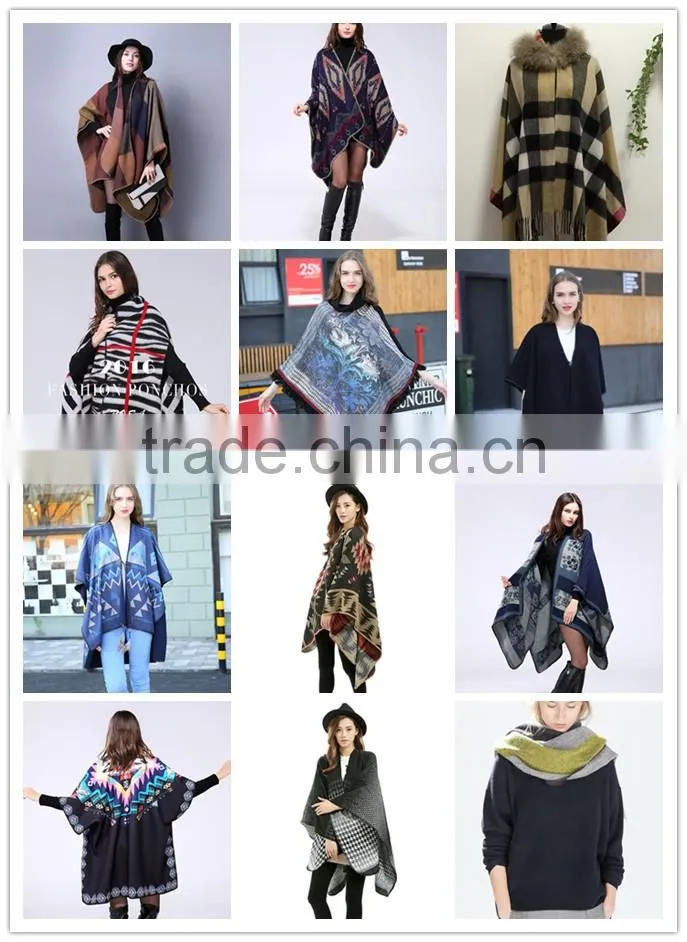 Brand Fashion Womens Autumn Winter Warm Flower Pattern Slit Wool Blend Plaid Blanket Cloak Poncho Cape Coat