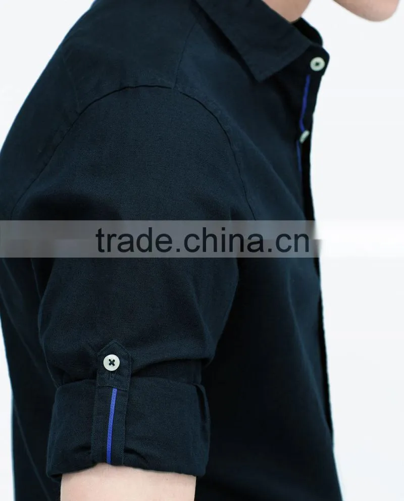 2015 linen cotton classic collar solid color contrast ribbon breathable fabric latest design for holiday
