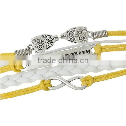 Wax Rope Braiding Bracelets Yellow & White Antique Silver Owl Halloween & Infinity Symbol Findings 18cm