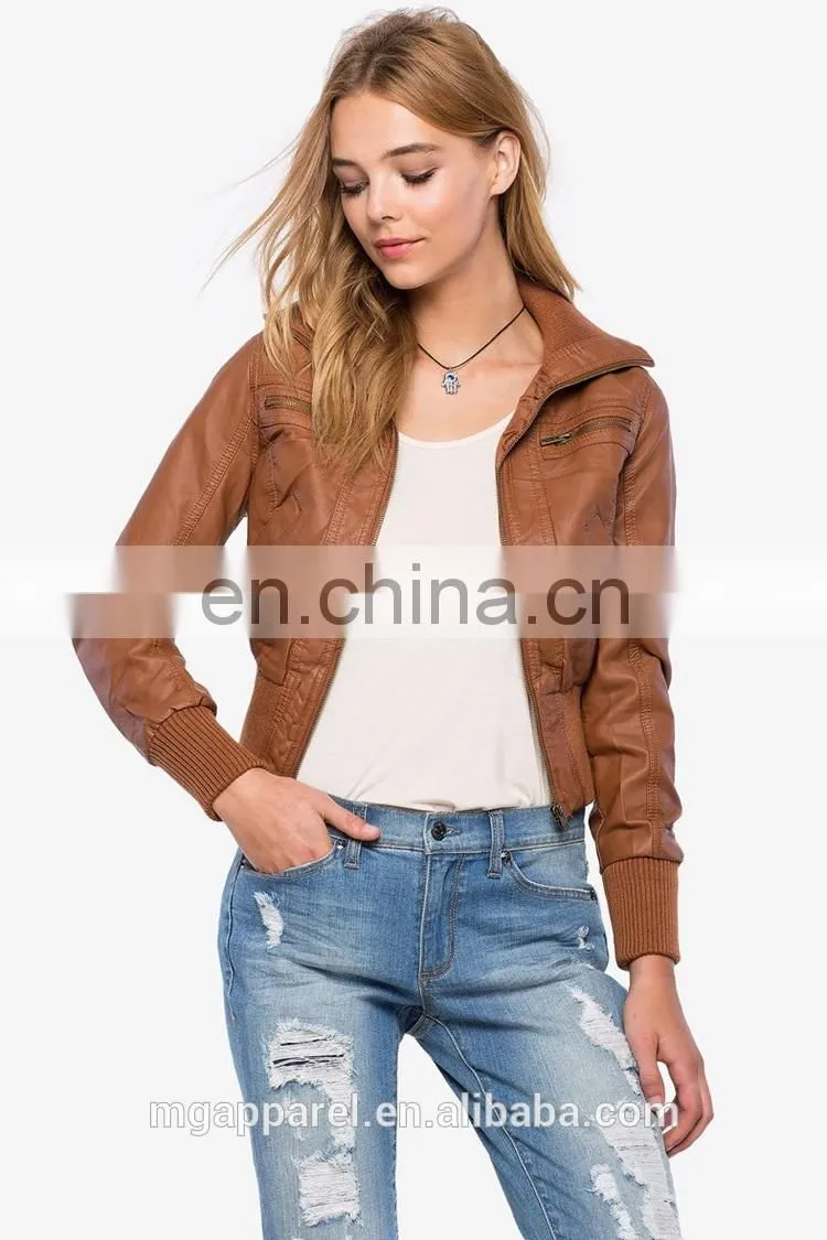 New fashion ribbed knit trim 100% PU leather bomber jacket for women