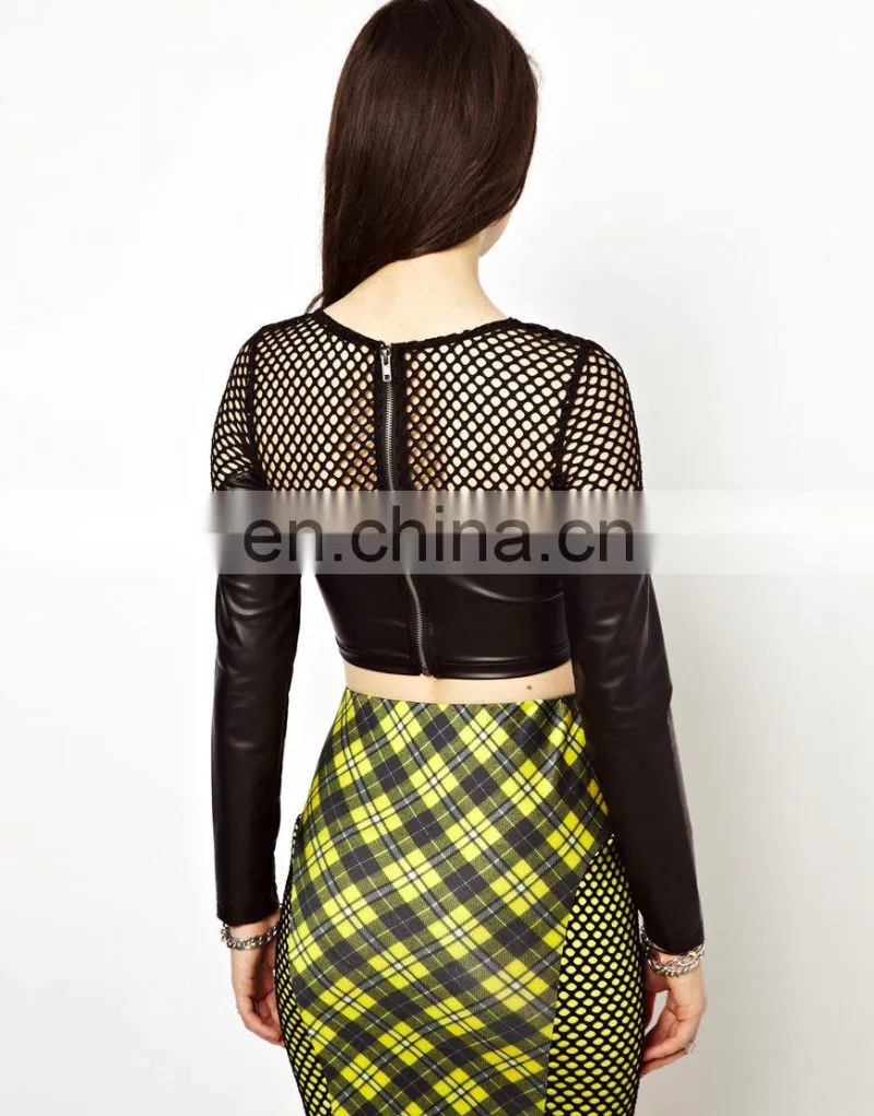 2014 lady's fashion Mesh PU Top
