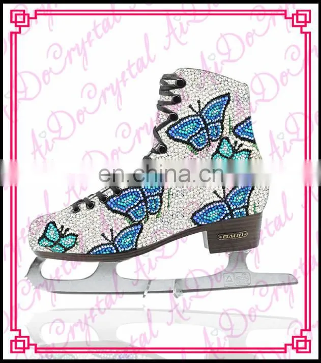 Aidocrystal 2016 exclusive design crystal covered glitter blue figure ice skating shoes
