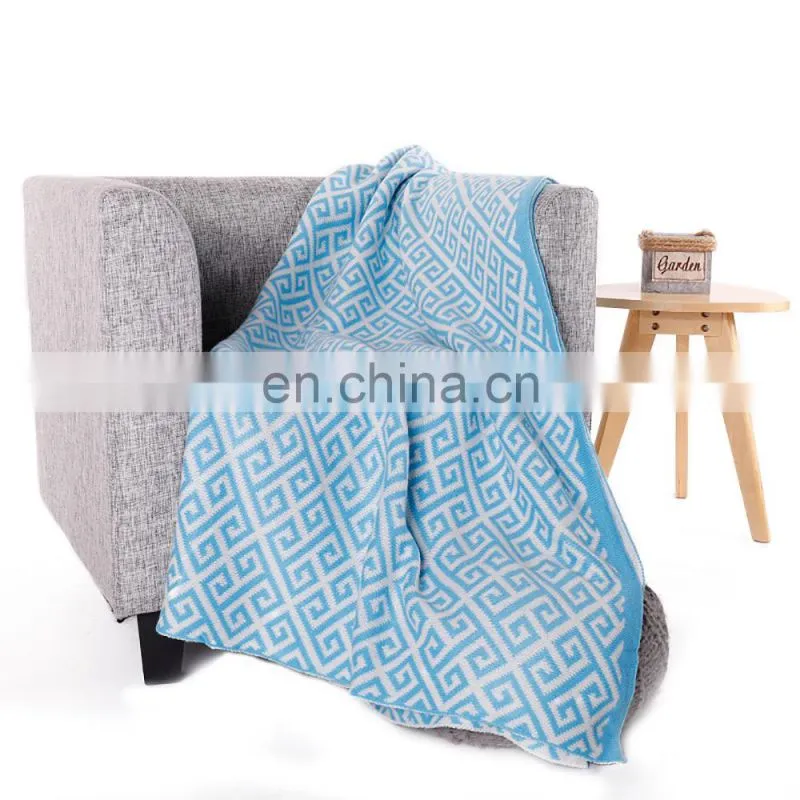 50''x60''Soft Geometric Pattern Cozy Blue Knitted Throw Blanket for Couch/Sofa/Travel