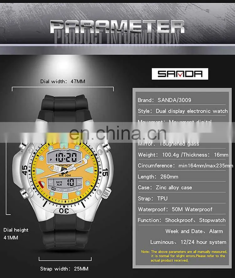 Sanda 3009 New Design Men LED Digital Watch Functional Waterproof Sport Watches Hip Hop