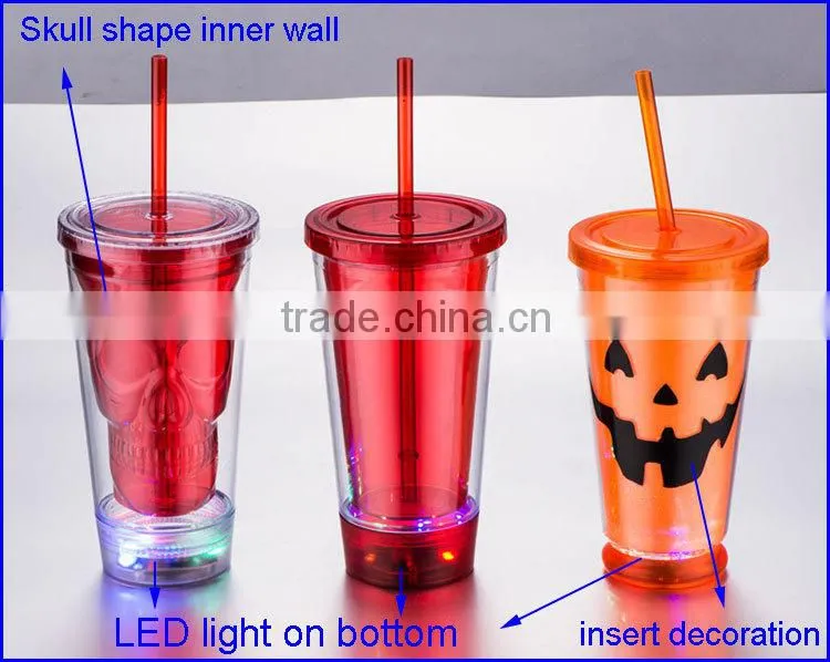 BPA free Acrylic double wall 16 oz tumblers with straw and LED light FDA standard PVC or paper insert mugs