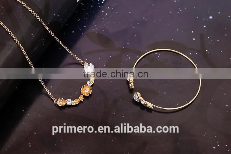 Women's 18k Gold Plated Austrian Crystal Enamel Flower Pendant Necklace Stud Earrings Jewelry Sets