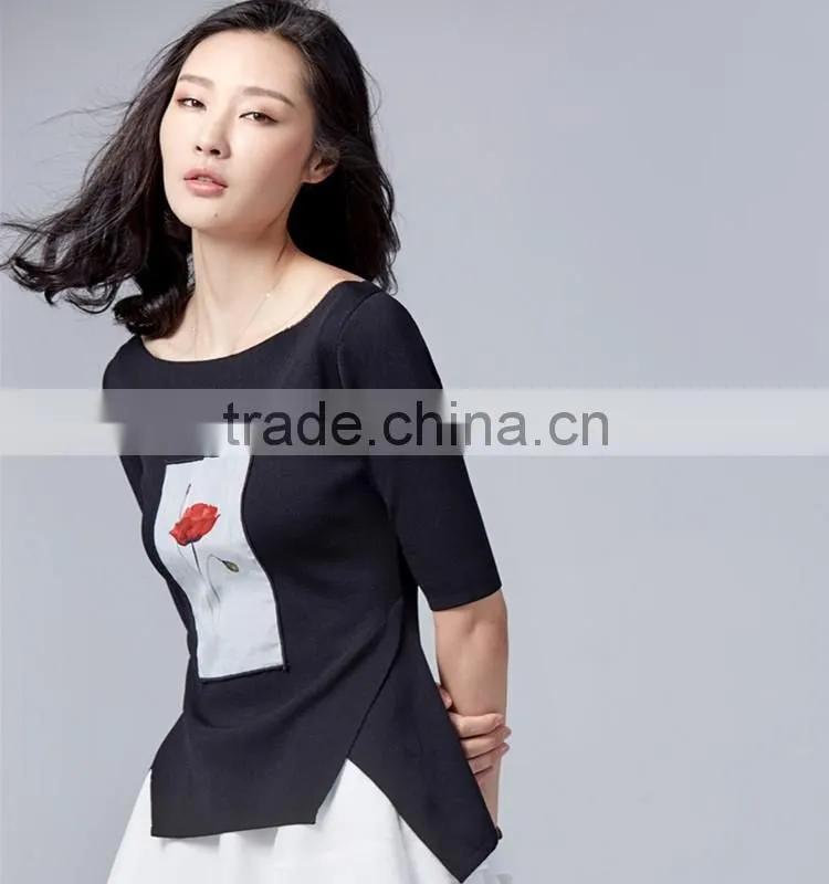 Woman sweater round neck half sleeve spring summer pullover with artwork on front
