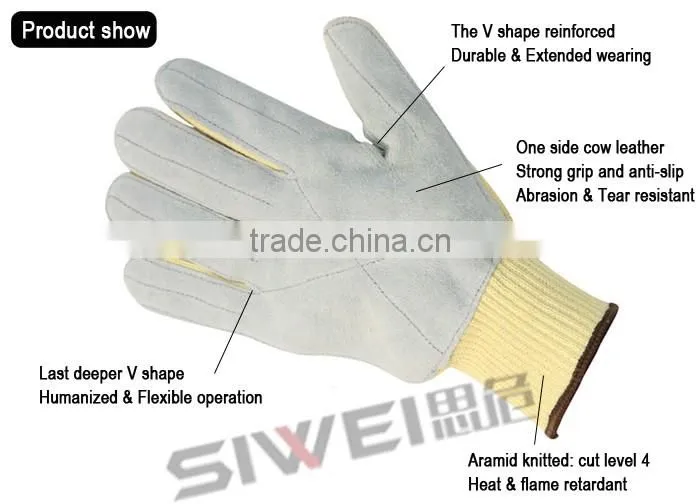 Seeway 2016 protective Para-Aramid gloves fireproof cut resistant Para-Aramid gloves with cow leather sewing