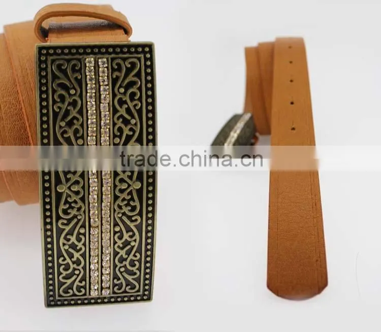 2015 Vintage Style women's fashoion brand PU belt with shiny rhinestone BIG buckle