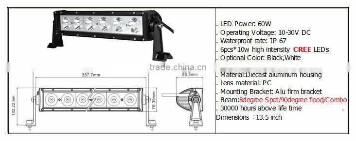 Hotsale 60W hyper spot single row off road led light bar 10w car led light bar 4x4 auto lighting truck,4WD,JEEP,IP67