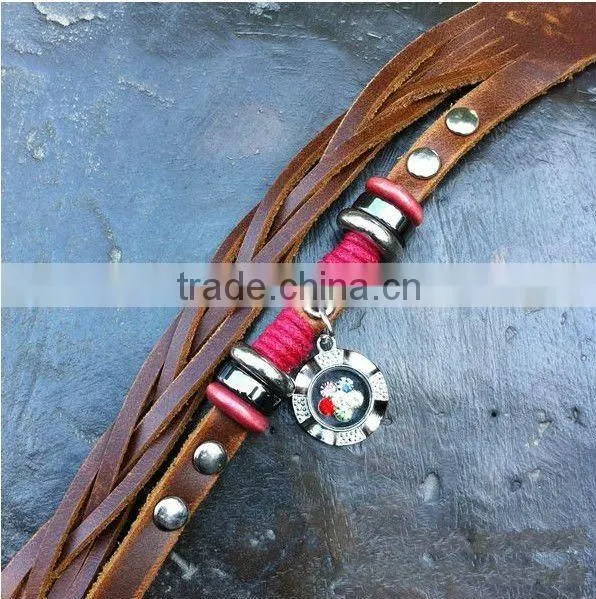 retro fashion punk style genuine plain leather bracelets with plate shaped drop