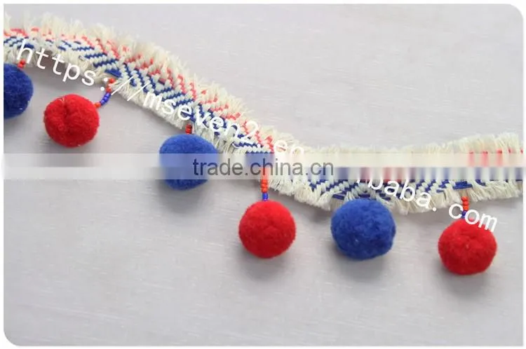 Newest arrival colorful 6.5cm width handmade cotton pom pom lace trims