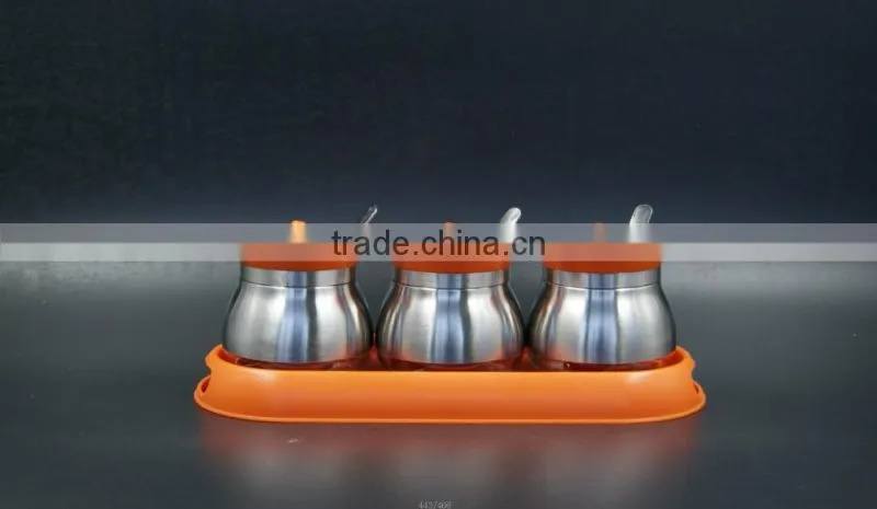 set of 3 glass spice jar cruet set with stainless steel coat