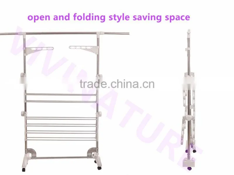 2017 hot sale portable clothes drying rack with 3 layers and 6 wheels design for adjustable bar
