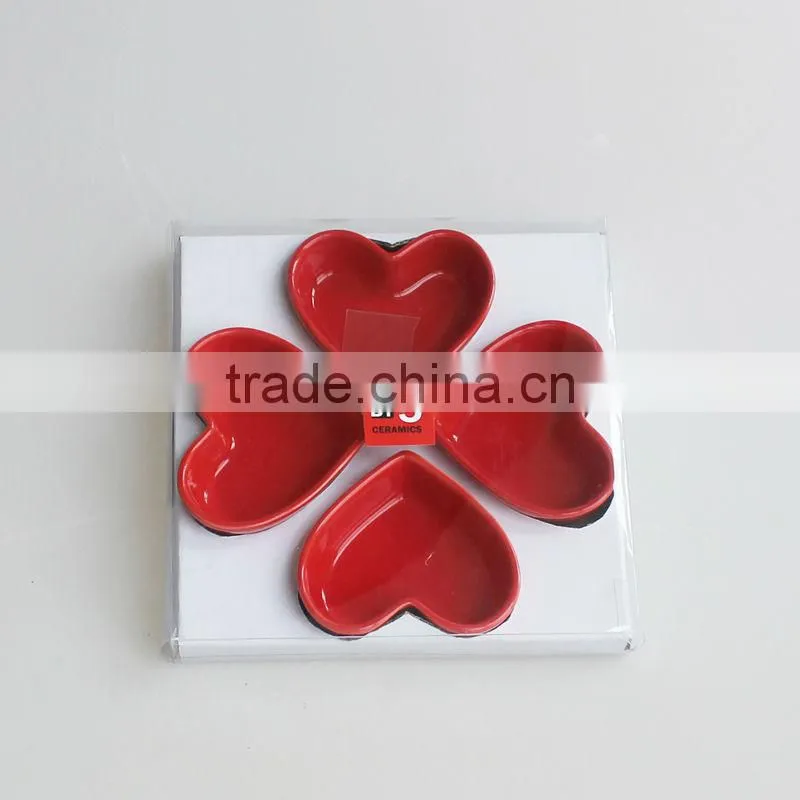 Set of 4 red color heart shaped ceramic tapas dishes