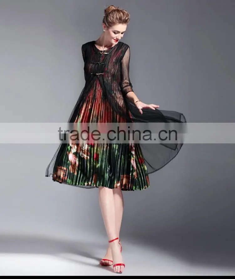 Grace flower printed false two pieces draped retro vintage dress for lady