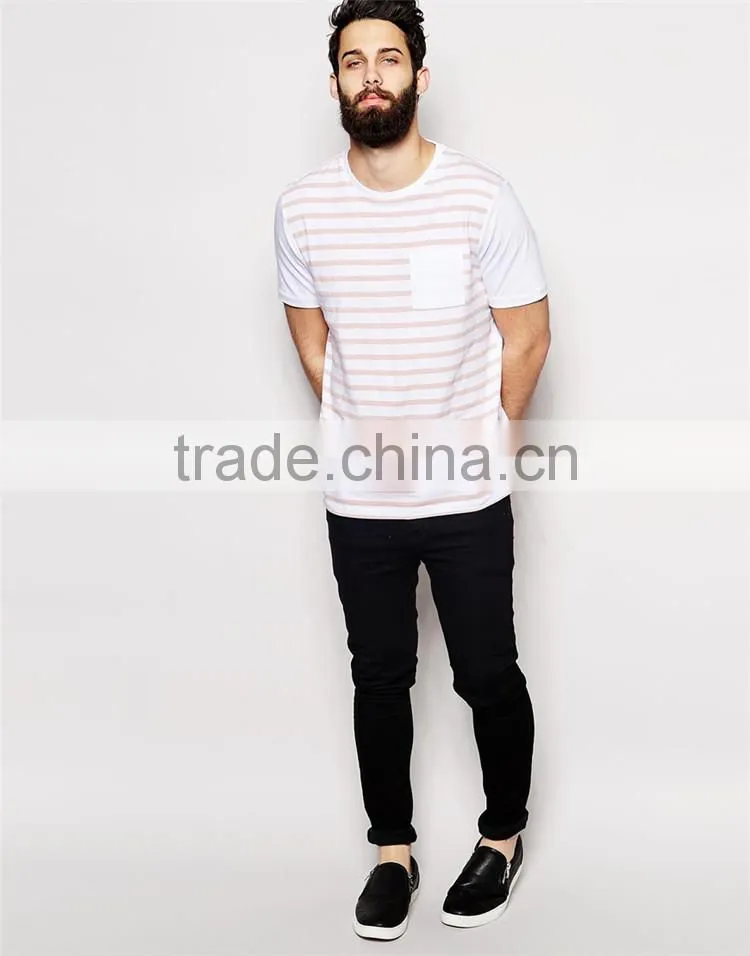 2015 HOYUGO relaxed fit stripe men's t shirt with front pocket