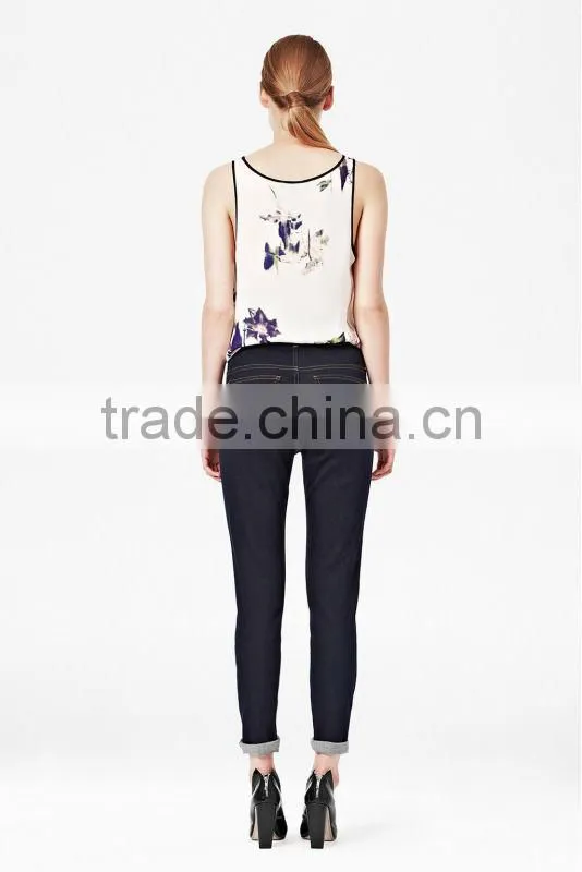 Floral Print Sleeveless Vest Top with Contrast Piping Detail