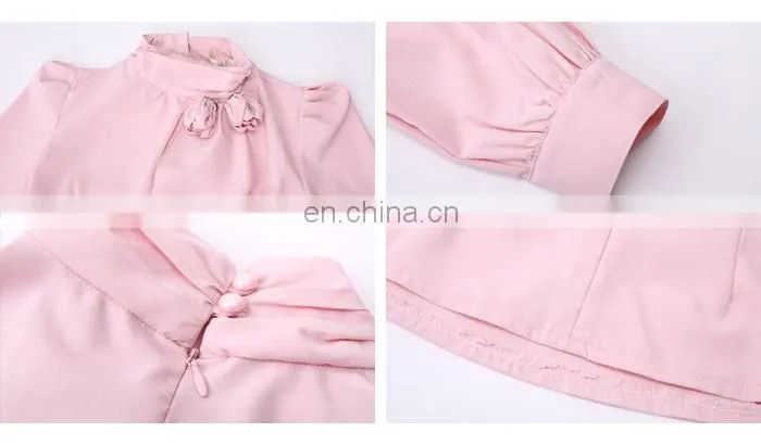 Sweet Color Pink Pleated Long Sleeves Stand Collar Back Zipper Lady Shirts Blouse