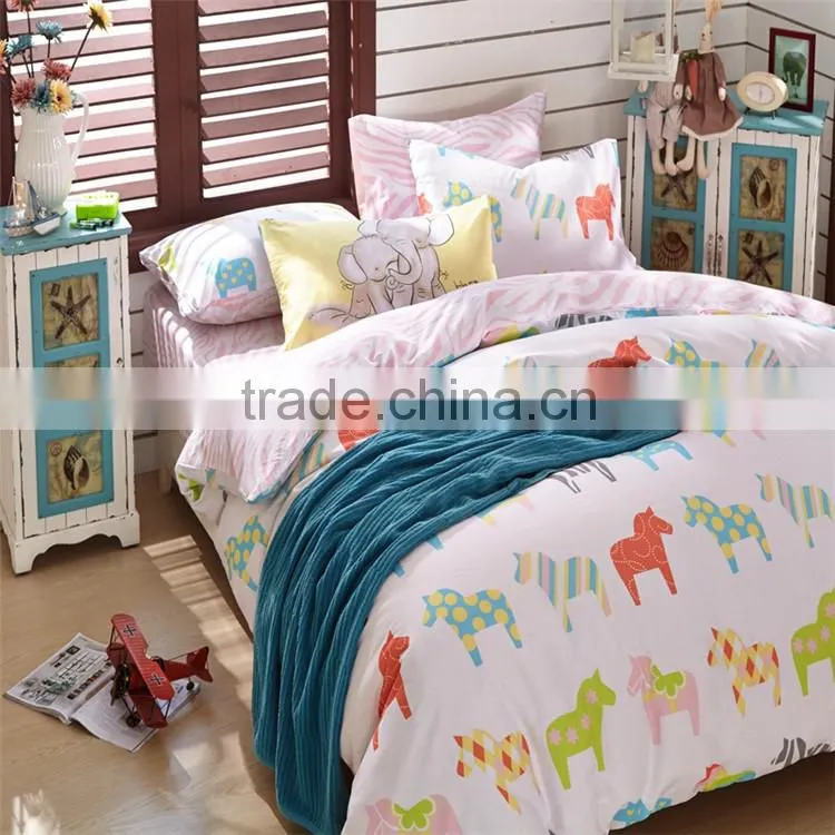 Best fashion cute animal horse printed cotton children bed cover set reactive printing kids cartoon bedding set