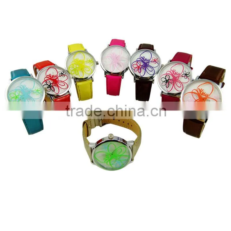 Europe Elegant Clear Flower Painting Women Leather Strap Watch