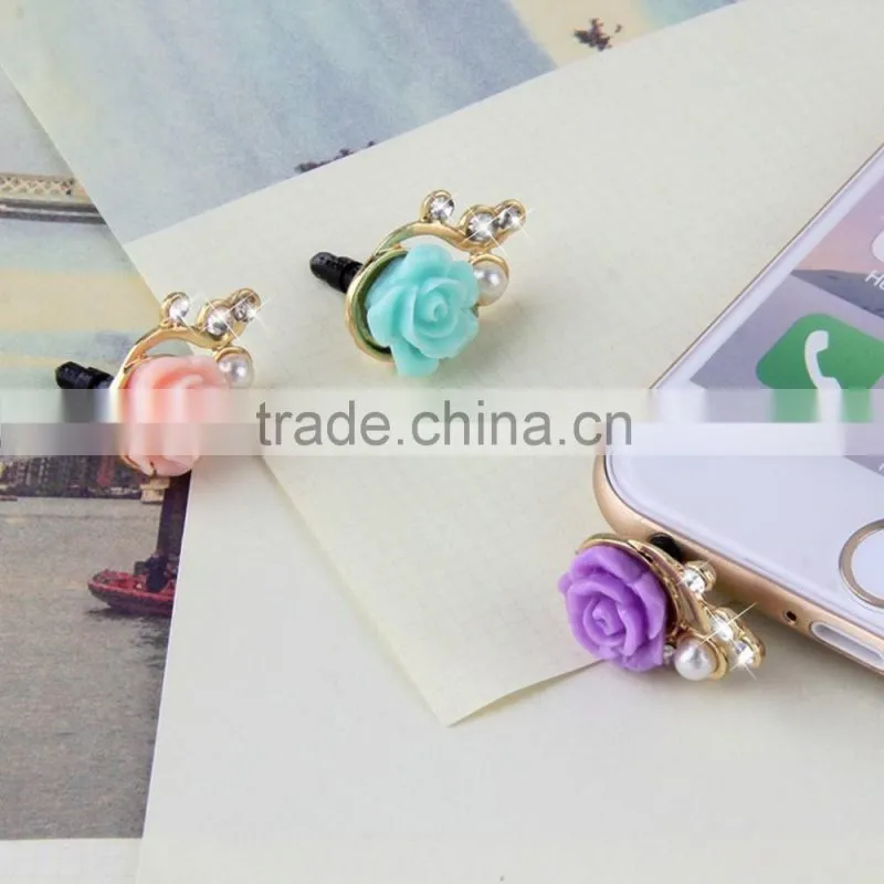 Rose Flower 3D Crystal Bead Pearl Anti Dust Plug Charms For 3.5mm Phone For Apple4 4S 5 For Samsung Galaxy S3 S4 For HTC
