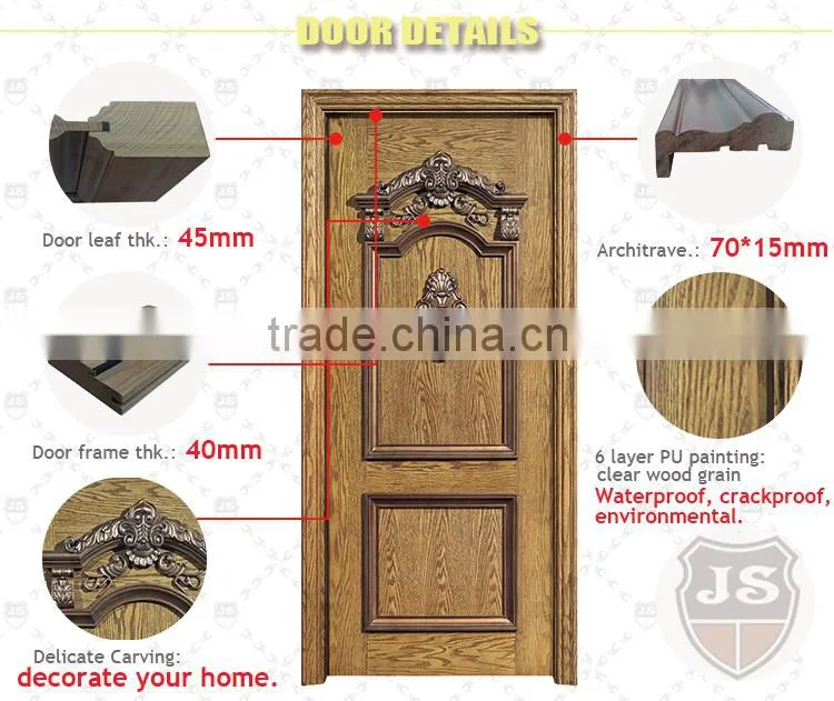 China sound-proof swing security front wooden door in Guangzhou with 100% solid wood