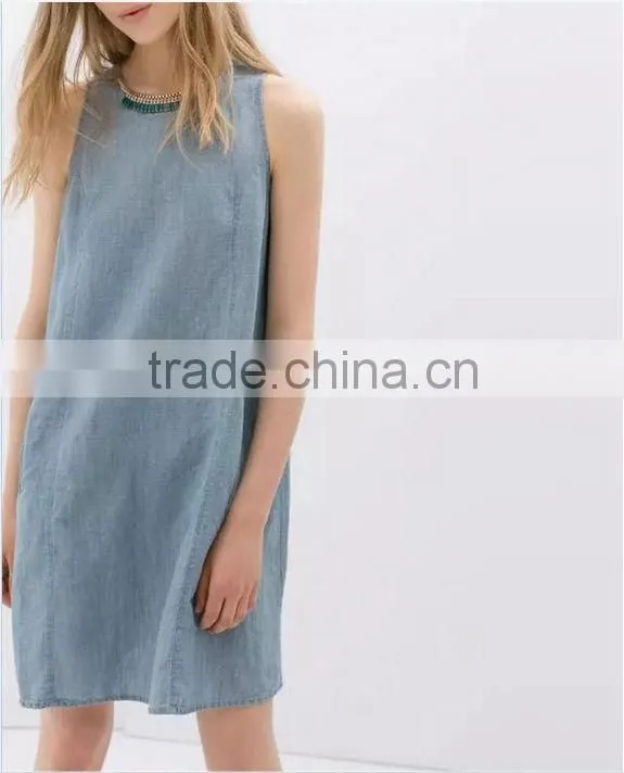 2014 new design Ladies sleeveless denim dress women light bule denim jeans dress