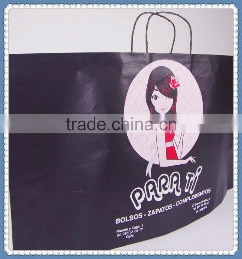 Colorful printed flexo printing white kraft paper bag with black twisted patch handle in competitive price