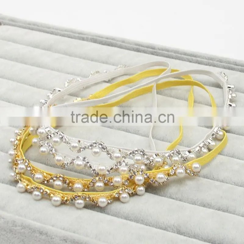 Newborn baby Rhinestone pearls elastic headband hair accessories / glitter crystal diamond ribbon silk jewelry on sale