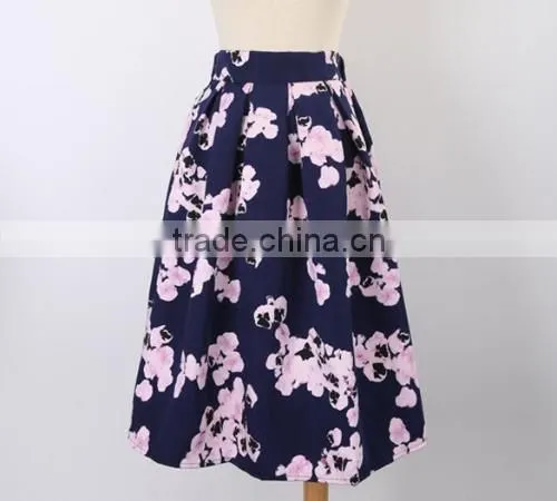 New Fashion Women's Retro Vintage Style Fashion Floral Casual Pleated Midi Puff Bubble Skirt