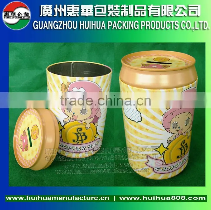 Children use cola shape coin tin can