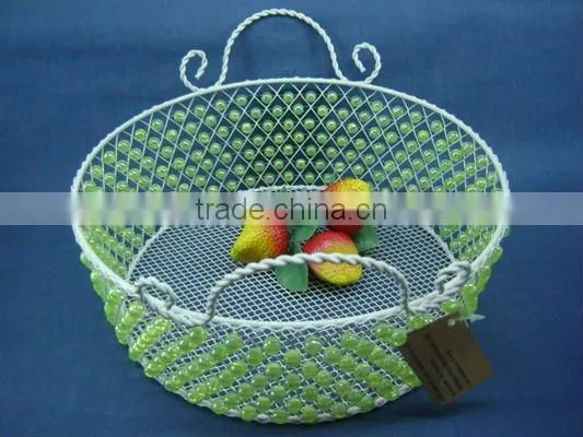 Round wire decorative with green pearl fruit handle basket
