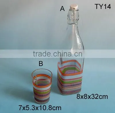 square clear hand painted colourful glass juice bottle with cork