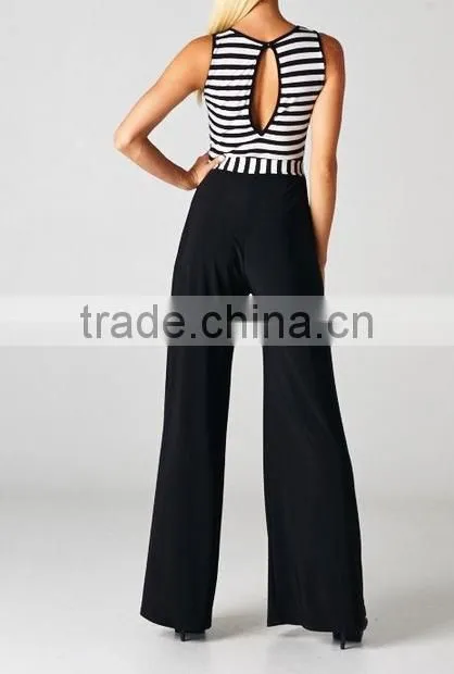 2014 new women block color BLACK WHITE tie Long plus size wide leg soft elegant women stripe evening jumpsuit OEM cheap bulk