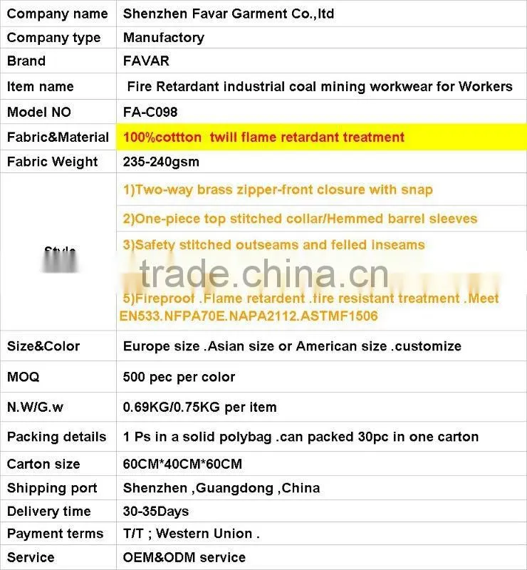 Reflective Fire Retardant industrial coal mining workwear for Workers