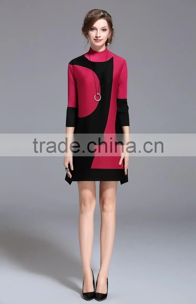 Women creased 3/4 sleeve printing high elastic dresses wholesale