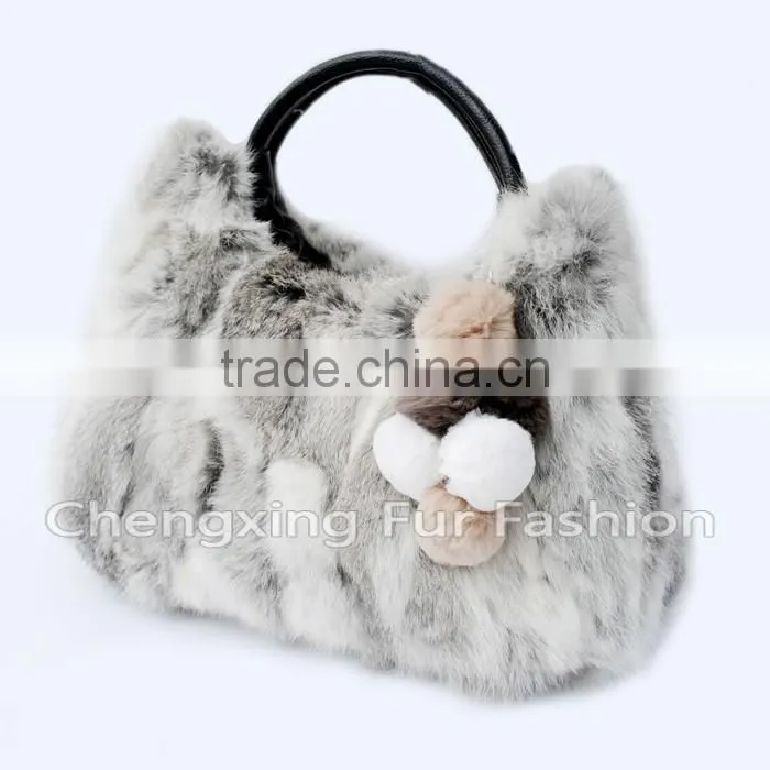 CX-H-36B Real Rabbit Fur & Leather Tote Handbag New Arrival
