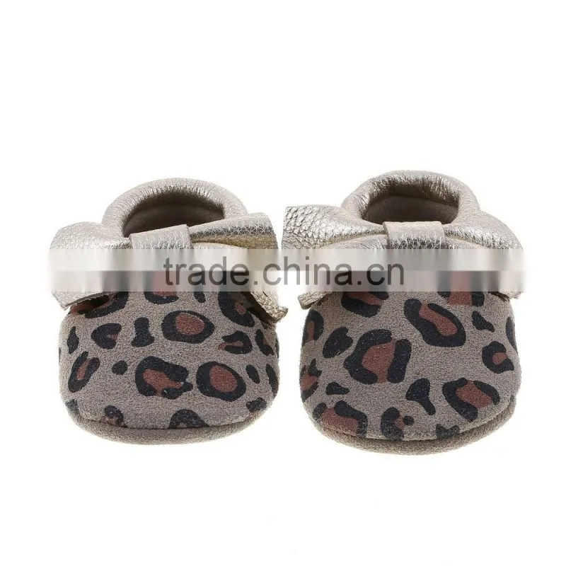 Leopard pattern printed leather baby moccains, printed leather baby moccains