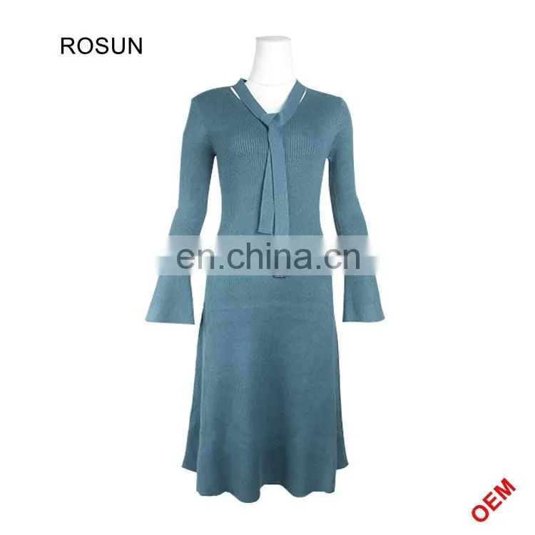 latest girls sweater Round Neck designs Knitted midi Dress with Black background For Spring of wholesale clothing