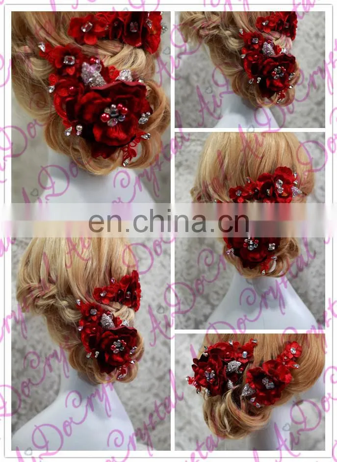 Aidocrystal Red bridal wedding hairpiece,red flower with pearl bridal hair flower accessories, hair clip