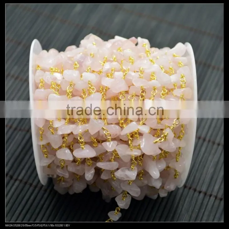 LFD-001C ~ Wholesale Gold Plated Wire Wrapped Freeform Rose Quartz Chips Chain Gem Stone Beaded Chain Jewelry Findings