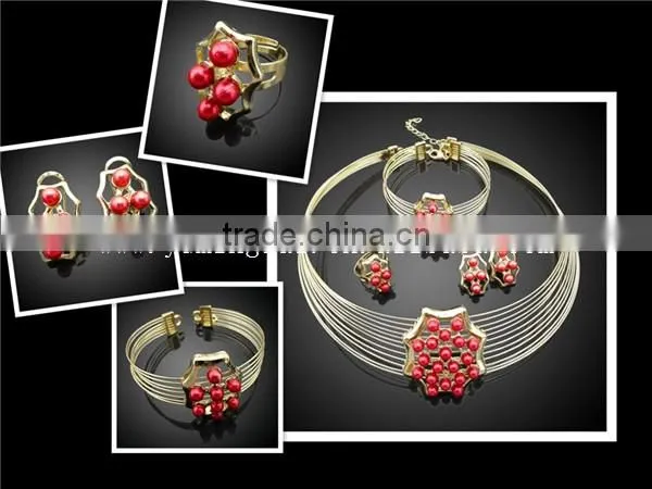 Gold plated fashion jewelry set in China with red coral beads design jewelry