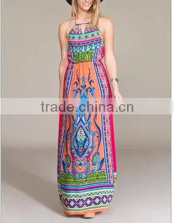 halter neck long dress latest printed bellyband open back women boho clothing