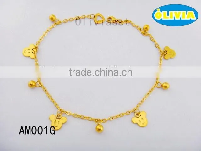 Olivia Jewelry Womens Stainless Steel Cute Animal Cable Chain Anklet with Gold Ball Pendant