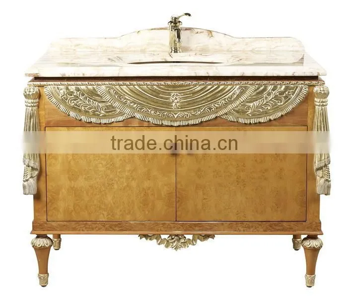 Exquisite Wood Carved Bathroom Vanity Table With Mirror, Retro Wooden Bathroom Vanity Cabinet With Sink
