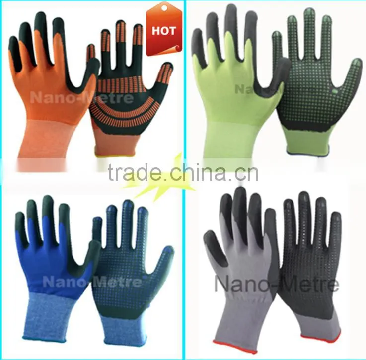 NMSAFETY 15g nylon spandex liner with black micro foam nitrile 3/4 dots coating glove