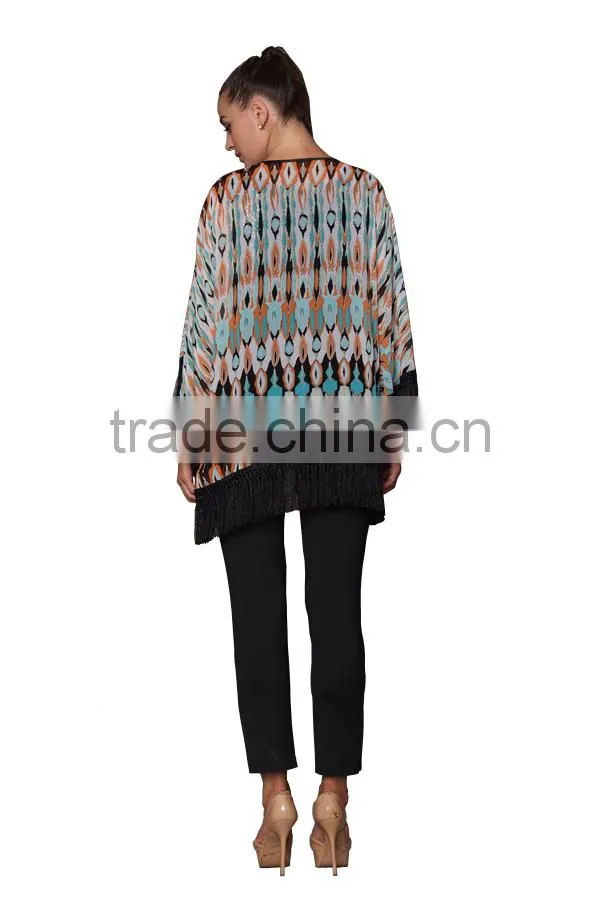 2015 New Satin Gowns Tassel Design Print Kimono Cardigan
