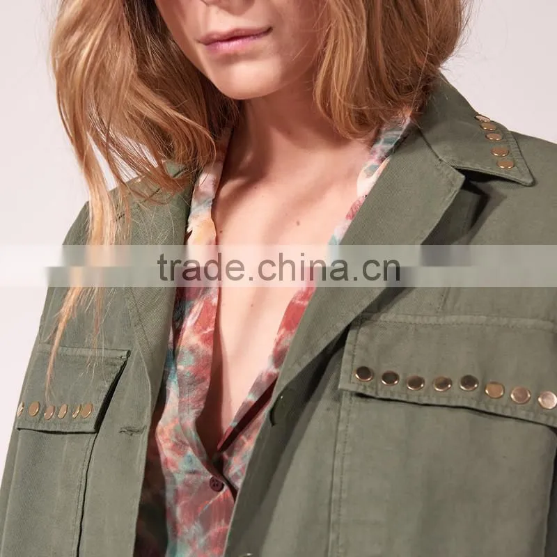 COOL style GOLD-TONE rivet long sleeves and shirt collar ladies jacket