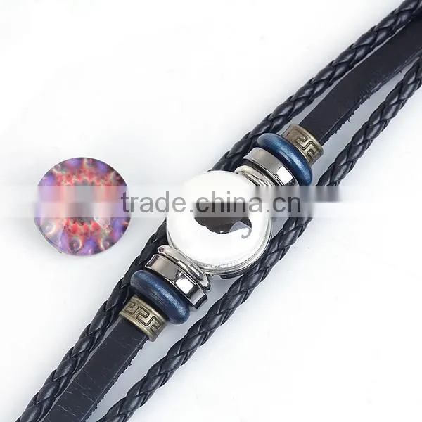 Real Leather Snap Button Bracelets Fit 18mm/20mm Snap Buttons Black Silver Tone Round